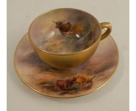 A Royal Worcester miniature tea cup and saucer, decorated with highland cattle by Harry Stinton, circa 1919 and 1921Condition