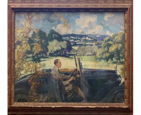 John Rankine Barclay, oil on canvas, a gentleman seated in a motorcar with a view towards the Malvern Hills, bears a Royal Ac