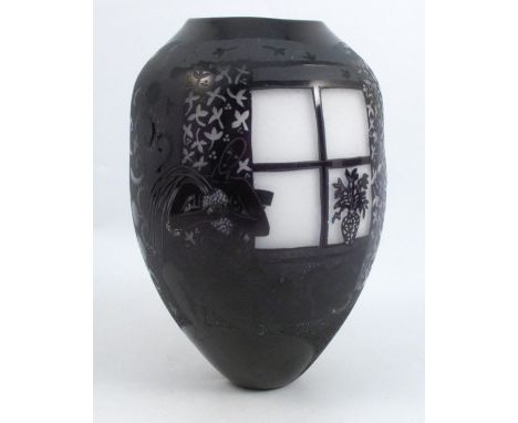 Clare Henshaw, a&nbsp;carved overlay vase, decorated with a figure holding a pitcher outside a window, with floral design, si