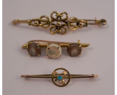 An opal bar brooch, stamped '9ct', together with a bar brooch, tagged '15ct', and an unmarked knot brooch