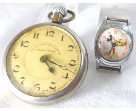 POCKET WATCH AND A MICKEY MOUSE WATCH HEAD. Chrome plated vintage patent lever crown wind pocket watch and a Timex Mickey Mou