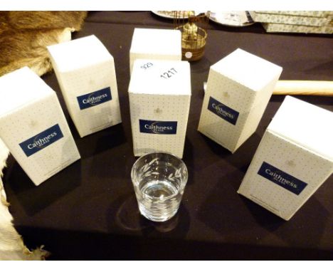 CAITHNESS WHISKY GLASSES. Six boxed etched Caithness whisky glasses