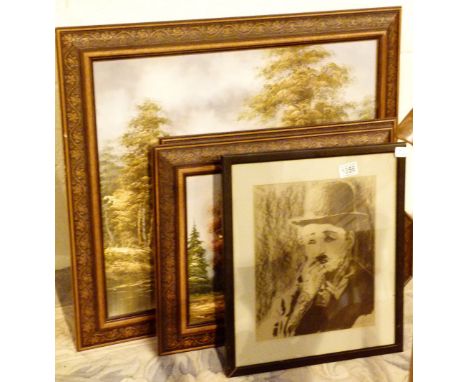 RURAL OIL PAINTINGS. Quantity of rural scene oil on board pictures and a pencil sketch of Charlie Chaplin signed BAZ