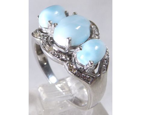 LARIMAR & DIAMOND RING. Silver larimar and diamond ring, size R