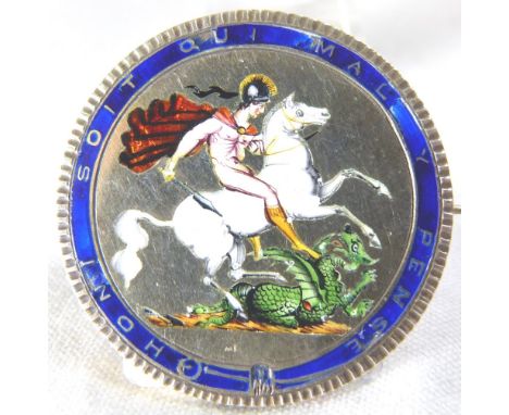 GEORGIAN STYLE COIN BROOCH. Presumed silver and enamel Georgian style coin brooch depicting St George and the dragon 