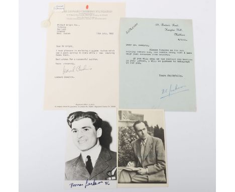Victoria Cross autographed Postcards and letters, one each of Leonard Cheshire, the signed letter has a Pyjama button attache