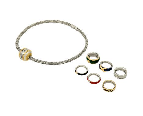 D'ARSY  Schmuckkonvolut bestehend aus 1 Collier mit Einhänger und 2 Ringen mit 4 Wechselringe,Brillanten, tlw. Emaille. Edels