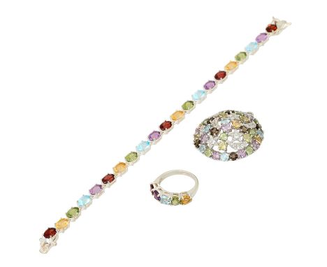 Konvolut Silberschmuck, 3- teilig, best. aus Armband, Ring u. Anhänger mit div. Farbsteinen. 925 Silber 29,3g. RW; 53. L: ca.