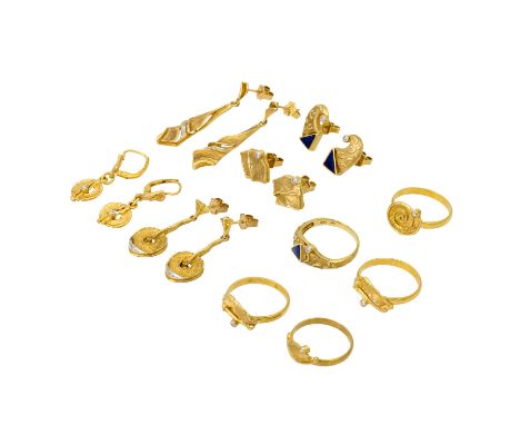 Schmuckkonvolut 10-teilig: 5 Ringe und 5 Ohrstecker mit Zirkonia, Diamanten und Lapislazuli, GG 8K, Gesamtgewicht: 28,9 g, RW