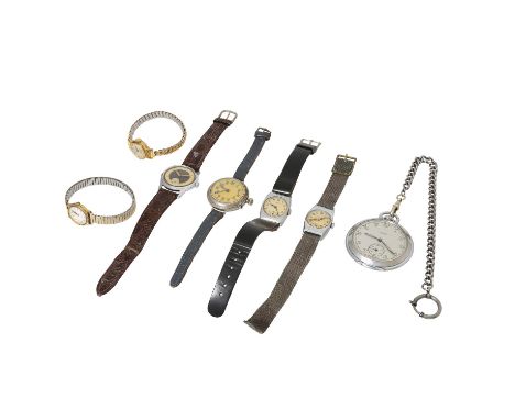 KONVOLUT. 6x Armbanduhren. 1x Taschenuhr/Reiseuhr. Bestehend aus:KIENZLE Taschenuhr/Reiseuhr. Verchromt. Handaufzug-Werk, fun