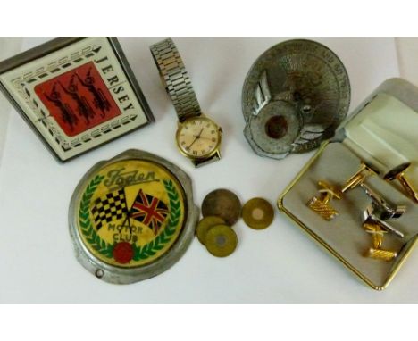 Three car badges a Timex watch, three pairs of cufflinks and tokens and coins