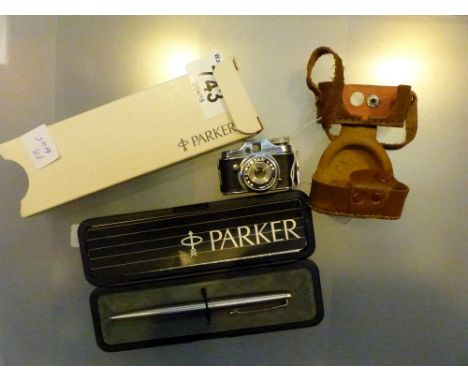 Boxed stainless steel Parker pen and Japanese miniature camera