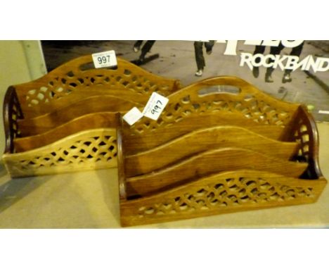 Pair of vintage treen letter racks with pierced backs.