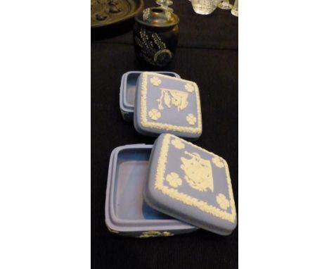 Shelley ceramic string holder and two powder blue Wedgwood jasper ware lidded pots