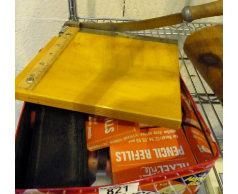 Vintage paper guillotine, drawing instruments and boxed pencil leads