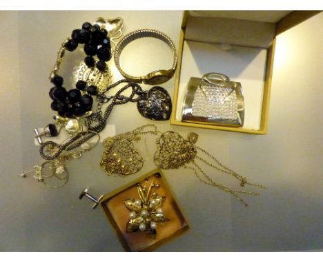 Box of mixed costume jewellery including a boxed as new Lauren Lee compact