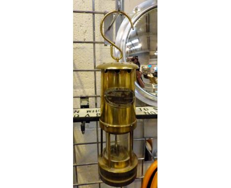 Original antique brass five pillar miners lamp by E Thomas & Williams Ltd of Aberdare