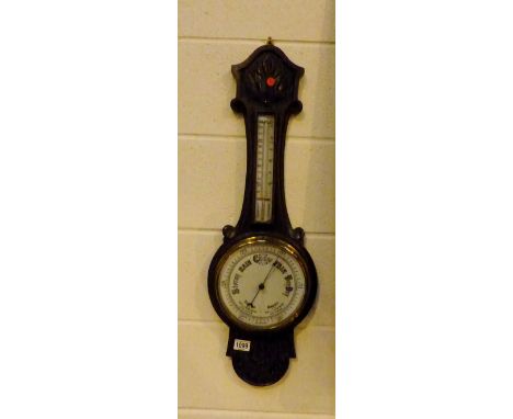 Arts & Crafts style banjo aneroid barometer thermometer carved wood surround glass A/F. 80 cm.