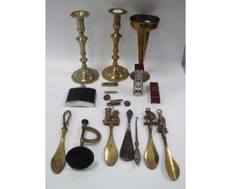 Silver Handled Shoe Horn and Button Hook, brass '1849' clamp, candlesticks, vase, hip flask, SIP railway-themed lapel badges,