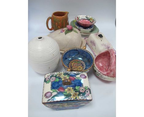 Mailing Lustre Pottery Lidded Bowl, basket, etc, Royal Winton dishes, Crown Devon cheese dish, etc:- One Tray.