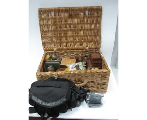 A Collection of Wooden Items to Include a Pair of Cat Book Ends, various carved boxes, bowls, miniature fruit, etc, Sony Hand