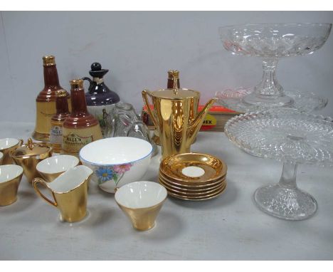 Glass Tazzas, Seltmann gilt coffee ware, Whisky bells, glass rabbit, jelly mould, Pyrex rolling pin, etc:- One Box