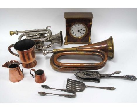 Bessons and Co. London Boosey Cornet, brass and copper bugle, gold circle mantle clock, other copper and plated ware:- One Ba