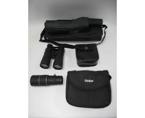 Bushnell Spotting Scope, Vivitar and two other pairs of binoculars, monocular.