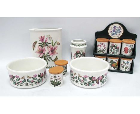 Portmeirion 'Botanic Garden' Oval Vase, 23.5cm high, circular example, two bowls 19.5cm diameter, eight various designs spice