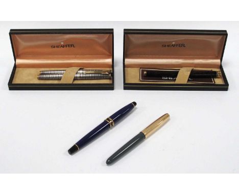 Two Parker 75 Sterling Silver Fountain Pens with 14ct Gold Knibs, Sheaffer Targa fountain pen, Waterman Paris fountain pen an