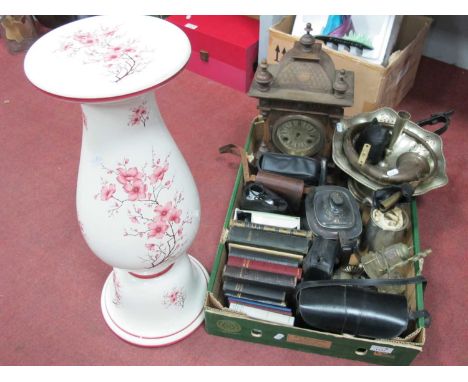 Oak Case Mantle Clock, plated teapot, epergne, cameras, prayer books, horn, etc:- One Box. Capodimonte plant stand 56cm tall.