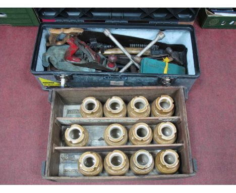 Tools - Bailey No 4 plane, small vice, wrench, hammer, saw, socket set, etc, in Stanley carry case. Twelve Doulton Lambeth st