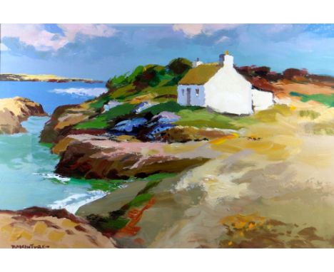 DONALD MCINTYRE acrylic - coastal scene with whitewashed cottage, entitled verso on artist's handwritten label 'Dolan (4527)'