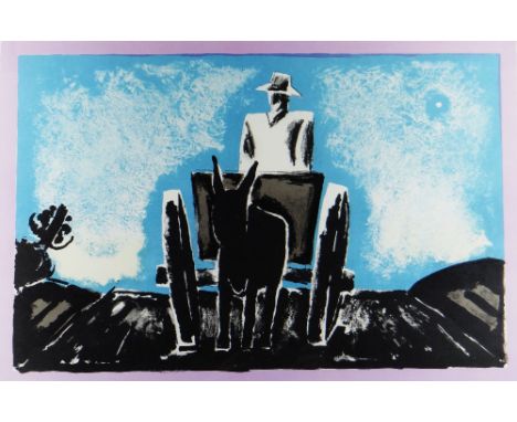 JOSEF HERMAN OBE RA limited edition (9/100) colour print - crop-field with figure in cart pulled by mule, signed, 34 x 49cms 