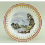 A SWANSEA PORCELAIN DESSERT PLATE WITH LANDSCAPE SCENE London decorated, having a salmon-pink and