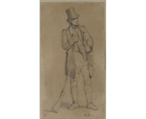 EDWARD DUNCAN pencil on brown paper - portrait of a standing gentleman with rifle, signed with initials, 14.5 x 8cms Provenan