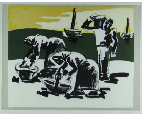 JOSEF HERMAN OBE RA limited edition (104/150) colour print - three cockle-picker figures and boats, 53 x 66cms Provenance: pr