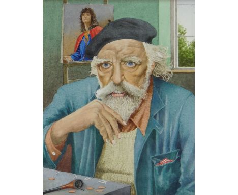 EDWARDS watercolour - portrait of Augustus John in old age, with beret, pipe and a portrait on an easel, indistinctly signed,