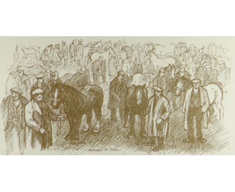 ANEURIN JONES monoprint - figures and horses at a horse fair, 19 x 37cms Provenance: private collection consigned via our Car