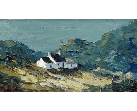 CHARLES WYATT WARREN oil on board - whitewashed cottage and Eryri mountains, entitled verso 'Farm near Mynydd Mawr', signed, 