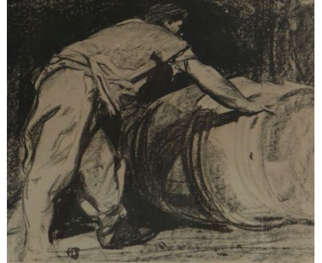 SIR FRANK BRANGWYN RA print on brown paper - a cooper rolling a barrel, 21 x 25cms Provenance: from the collection of the lat