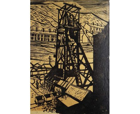ELWYN THOMAS monochrome print - colliery pit head with trams and figures standing, signed and dated 1973, 52 x 37cms Provenan
