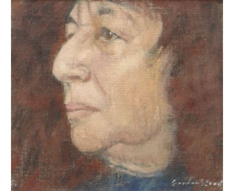 GORDON STUART oil on canvas board - head and shoulders portrait of Bernice Rubens, Booker prize-winning Welsh novelist, signe