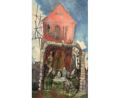 JOHN UZZELL EDWARDS oil on board - red chapel with broken gate, signed and dated '63, 79 x 46cms Provenance: private collecti