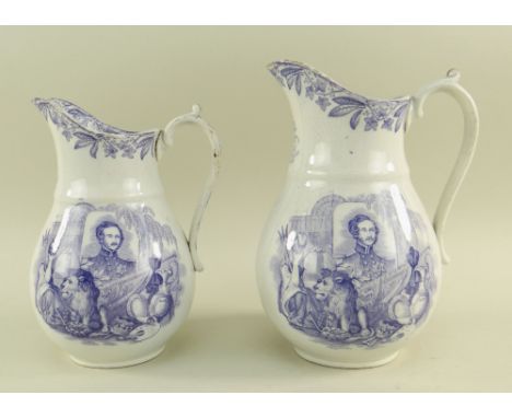 A PAIR OF LLANELLY POTTERY PURPLE TRANSFER COMMEMORATIVE JUGS with sides printed pictorial representations for the mourning o