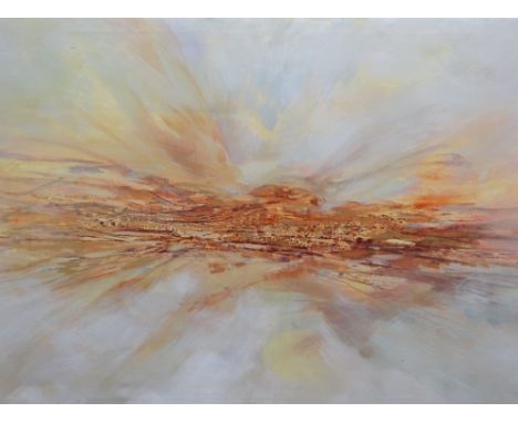 RONALD LOWE large oil on canvas - expansive landscape, entitled verso 'Misty and Golden Flight' and dated 1970, signed, 91 x 