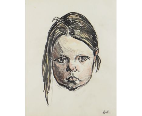 SIR KYFFIN WILLIAMS RA mixed media - head portrait of a young girl, circa 1970s, entitled on Tegfryn Gallery label verso 'Sio