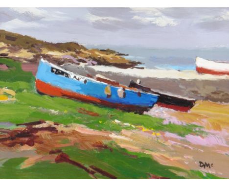 DONALD MCINTYRE acrylic - fishing boats on the shore, entitled verso on artist's handwritten label 'Blue Boat (3195)', signed