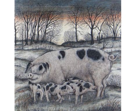 SEREN BELL mixed media - entitled verso 'Gloucester Old Spot with Piglets', signed, 47 x 46cms Provenance: private collection