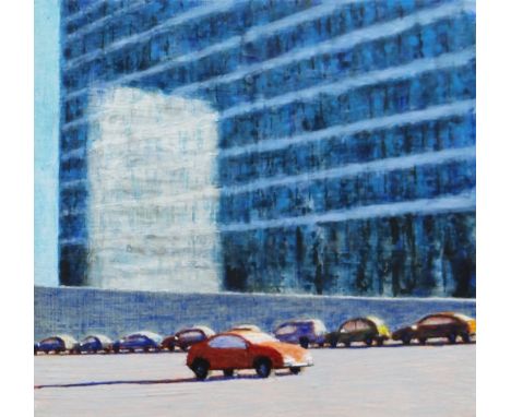 PHIL NICOL oil on board - urban view with parked cars and light reflection on office block, 16 x 16.5cms Provenance: private 